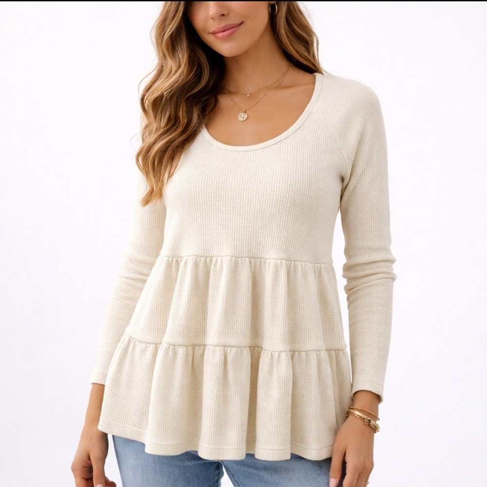 Anthropologie Maeve Cream Tiered Womens Long Sleeve Waffle Shirt Top Small